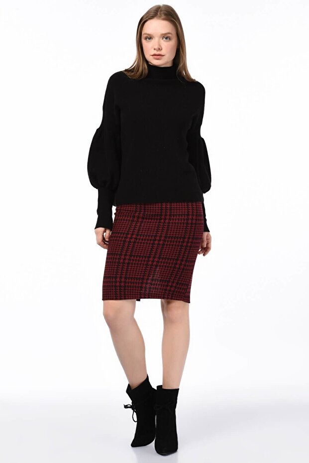 8515175 Goose Foot Patterned Elastic Waist Slit Pencil Skirt Bordo
