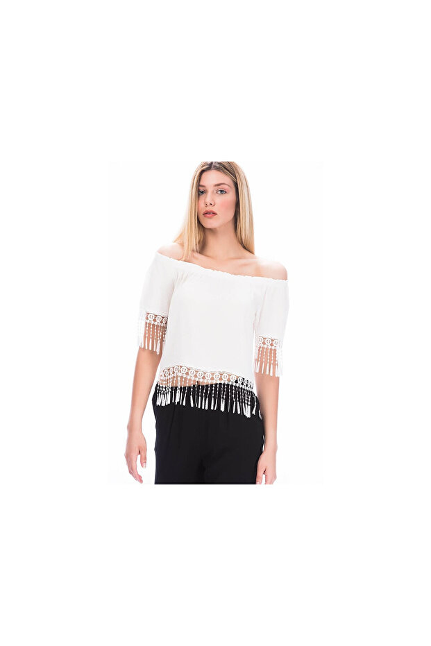 8181191 Şile Fabric Sleeve and Hem Beaded Lace Blouse Ecru