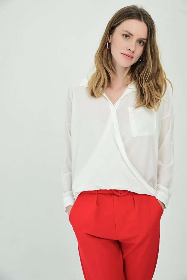 9092876 Kobe Shirt Collar Double-Breasted Pocketed Tunic Ekru