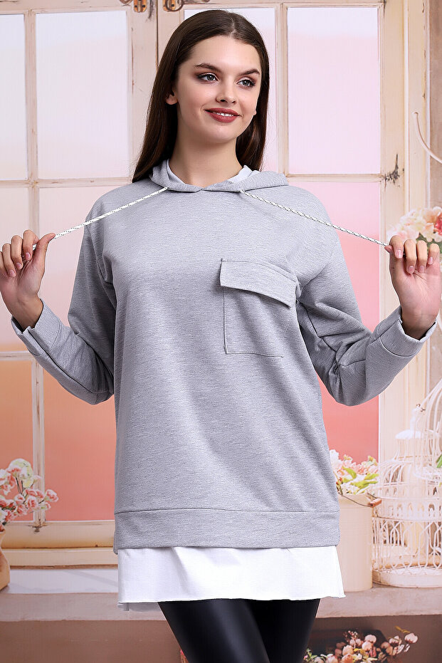 21404011 Double-Layered Hooded Pocket Skirt Garnished Long Sweatshirt Gray Melange