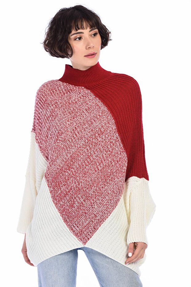 8400017 Knitwear Patchwork Patterned Tunic Red