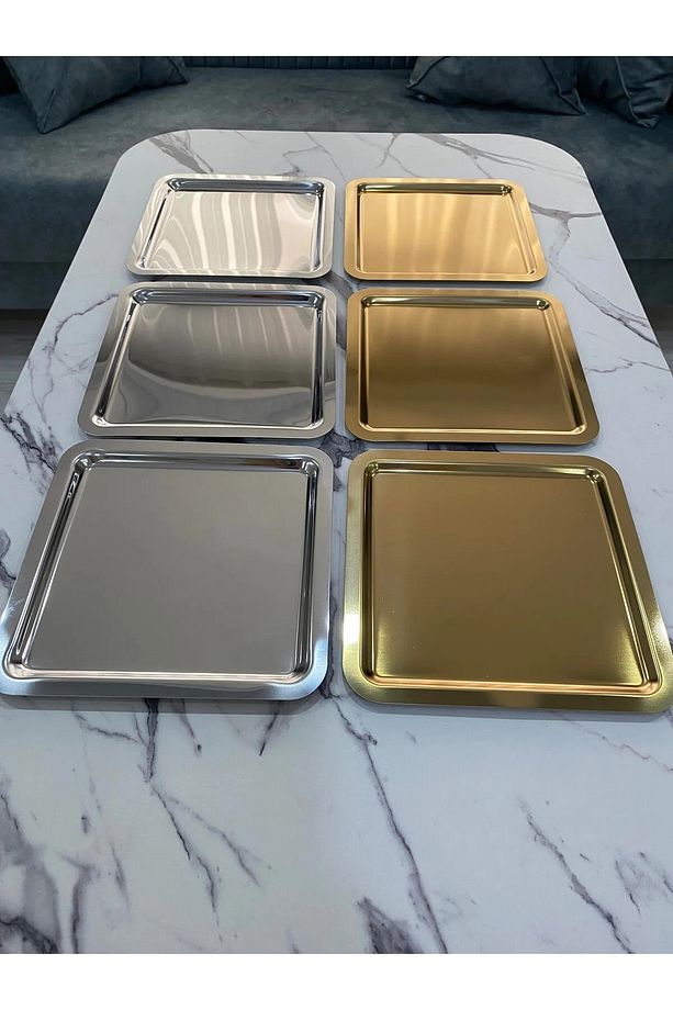 3 Adet Gümüş Ve 3 Adet Gold Kare Sunum-Kahve Tepsisi - 1