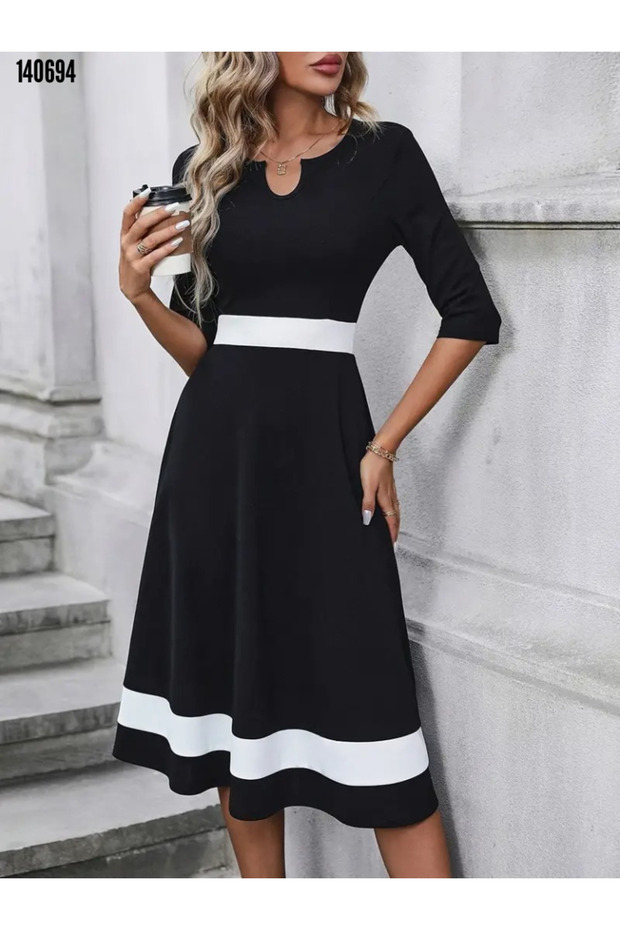 New Season Women's Crew Neck Three Quarter Sleeves Crepe Fabric Midi Length Stripe Detail Dress
