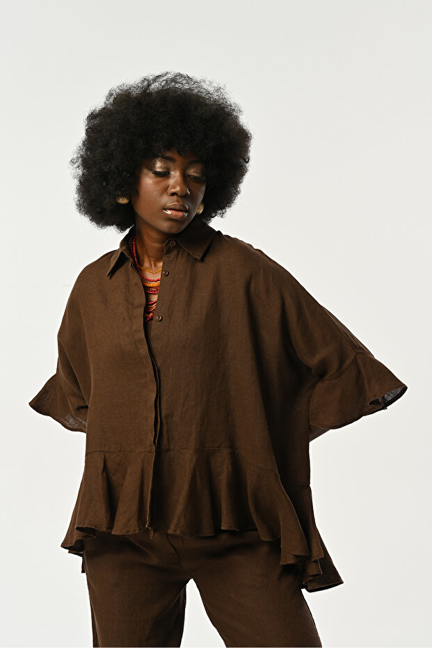Women's 100% Linen Bottom and Sleeves Rubbered Brown Shirt