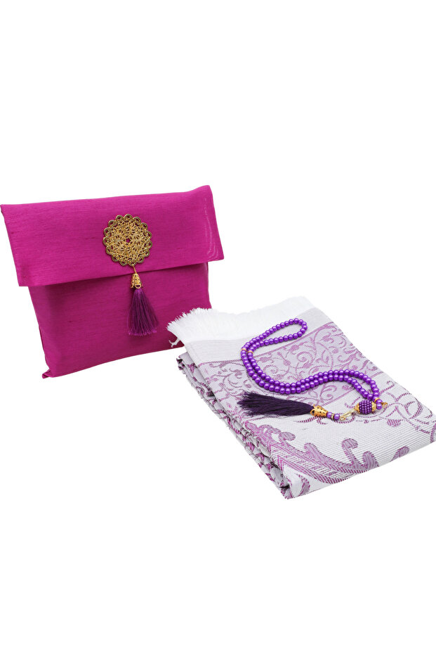 Taffeta Prayer Rug with Slub Pouch and Pearl Vav Prayer Beads Set, Portable Prayer Set, Gift Set