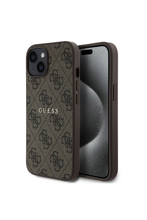 iPhone 14 uyumlu Kılıf Guess Lisanslı Magsafe Şarj Özellikli 4G Desen Yazı Logolu Kapak Kahverengi - 1