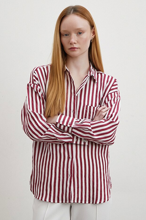 Multi Çizgili Cepli Gömlek Bordo - 3