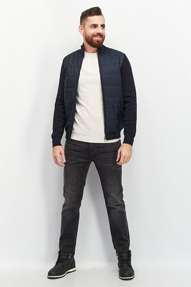 سترة رجالية منفوخة سادة، أزرق داكن - 3