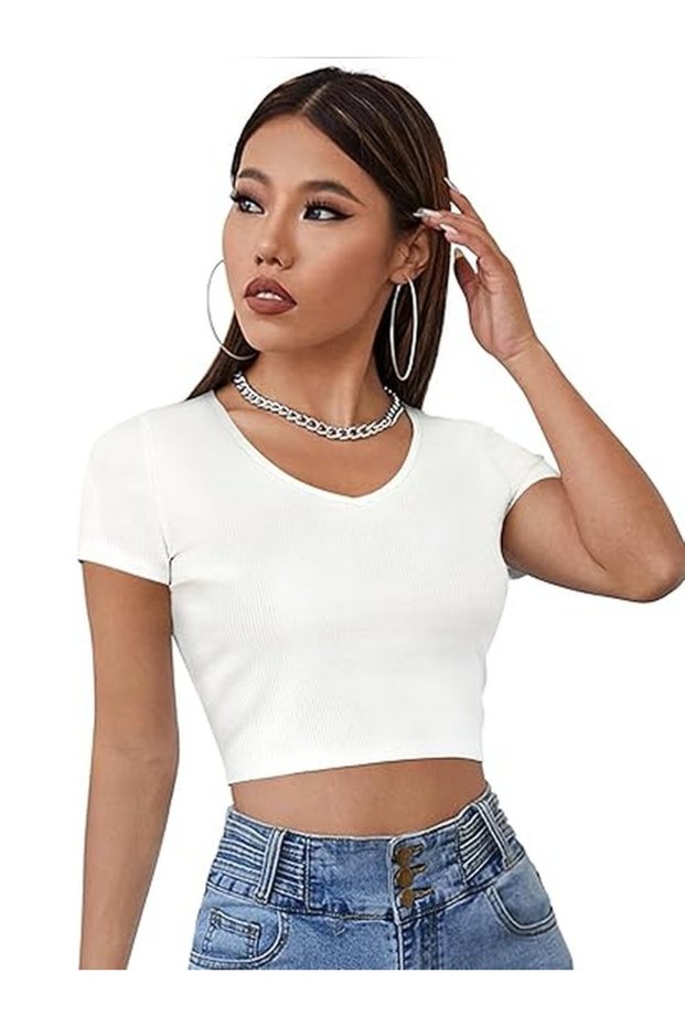 Women's Ecru V-Neck Short Sleeve Crop T-Shirt, Lycra Ribbed Camisole Fabric