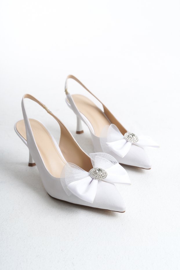 Women's Stiletto Open Back Bow Detailed Heeled Casual Shoes Mesh White