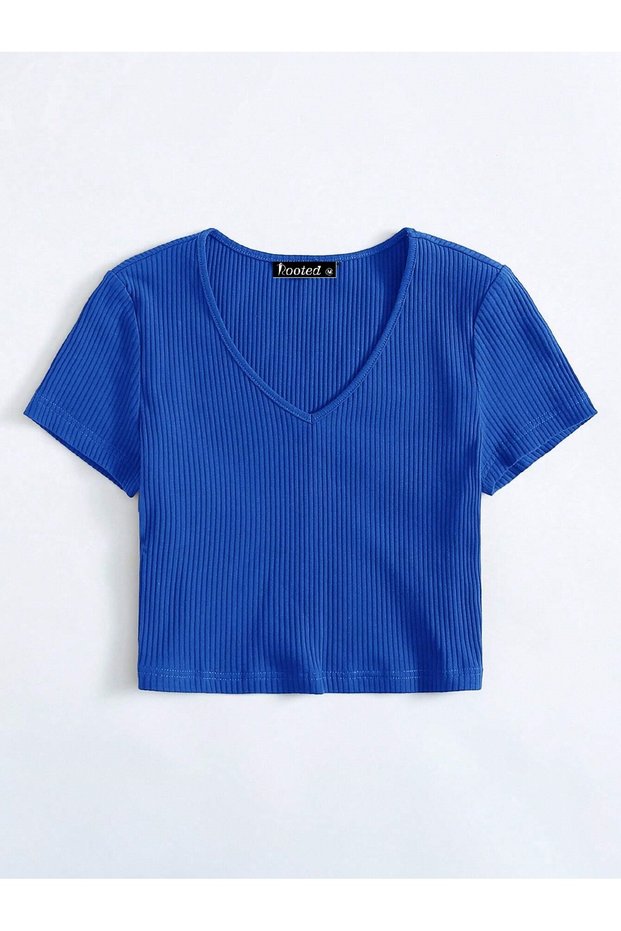 Women's Sax V-Neck Short Sleeve Crop T-Shirt, Lycra Ribbed Camisole Fabric