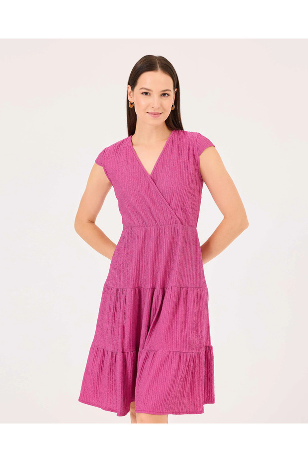 Kruvaze Yaka Elastik Bel Elbise - 3