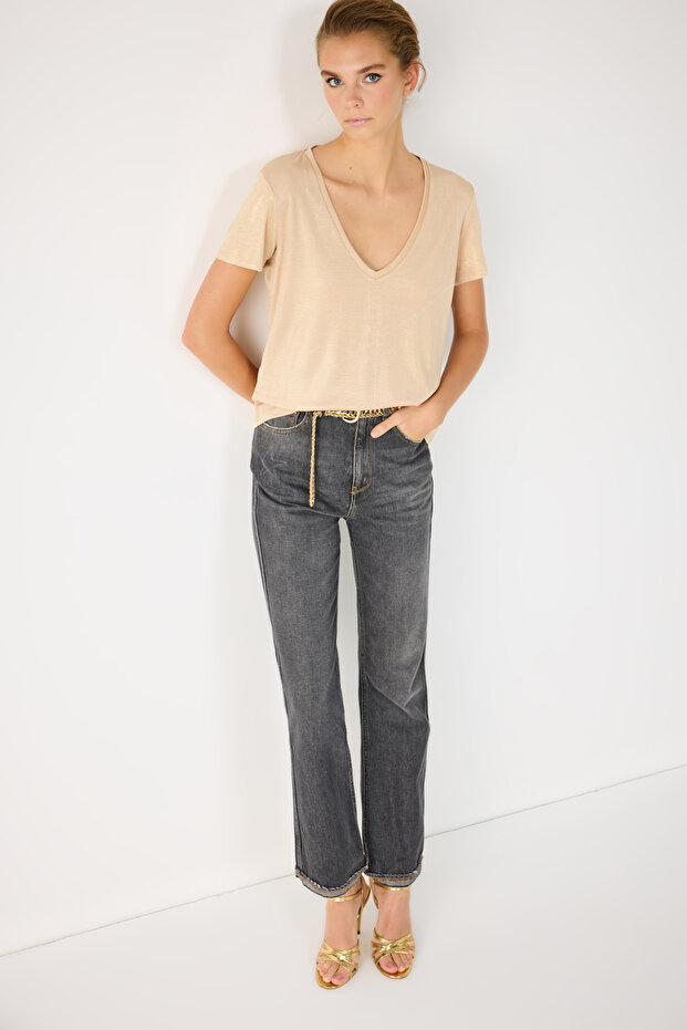 Shiny V-Neck Basic T-Shirt - 3