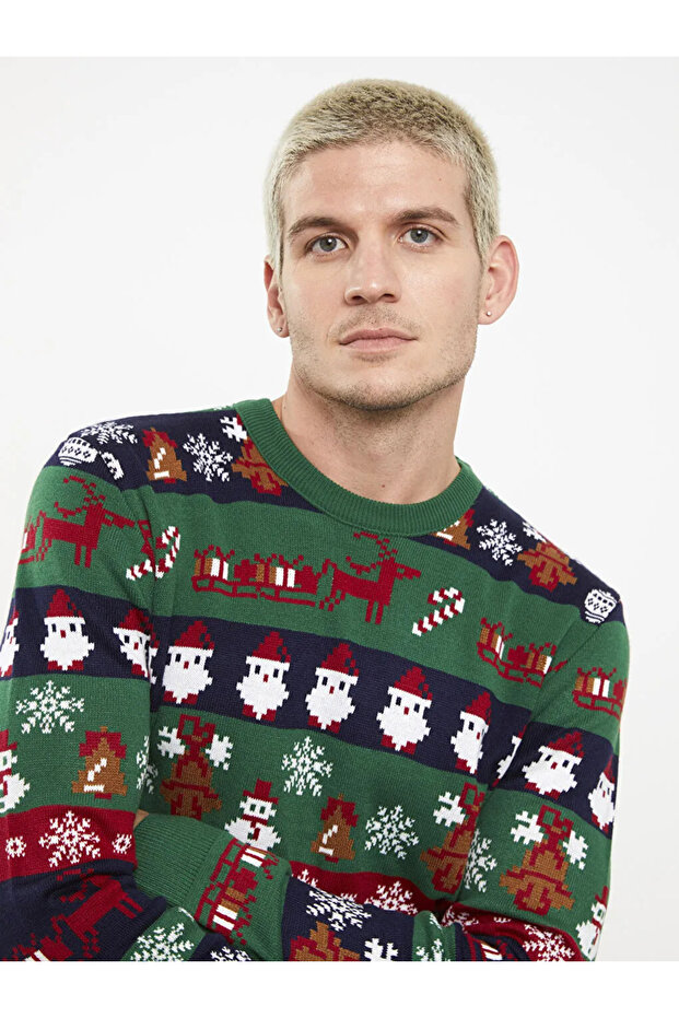 XSIDE Yeşil Bisiklet Yaka Uzun Kollu Yılbaşı Temalı Erkek Triko Kazak - 4