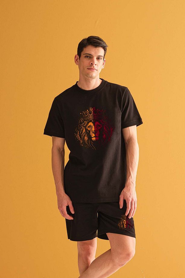 Unisex Sarı Kırmızı Aslan Baskılı Siyah Şort Siyah Oversize Tişört Alt Üst Takım Yazlık Şort Tişört - 4