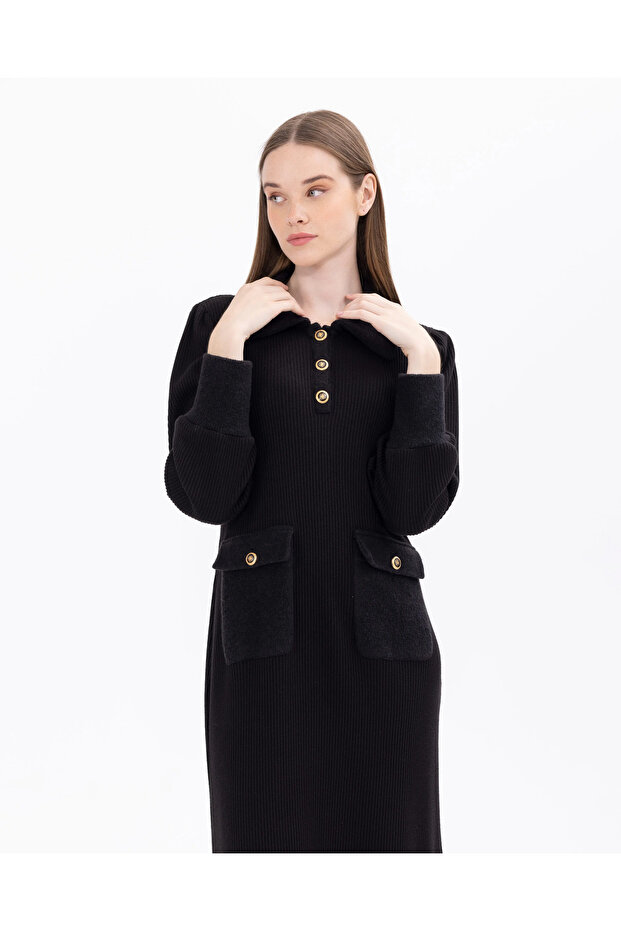 Cep Detaylı Düğmeli Fitilli Elbise - 2