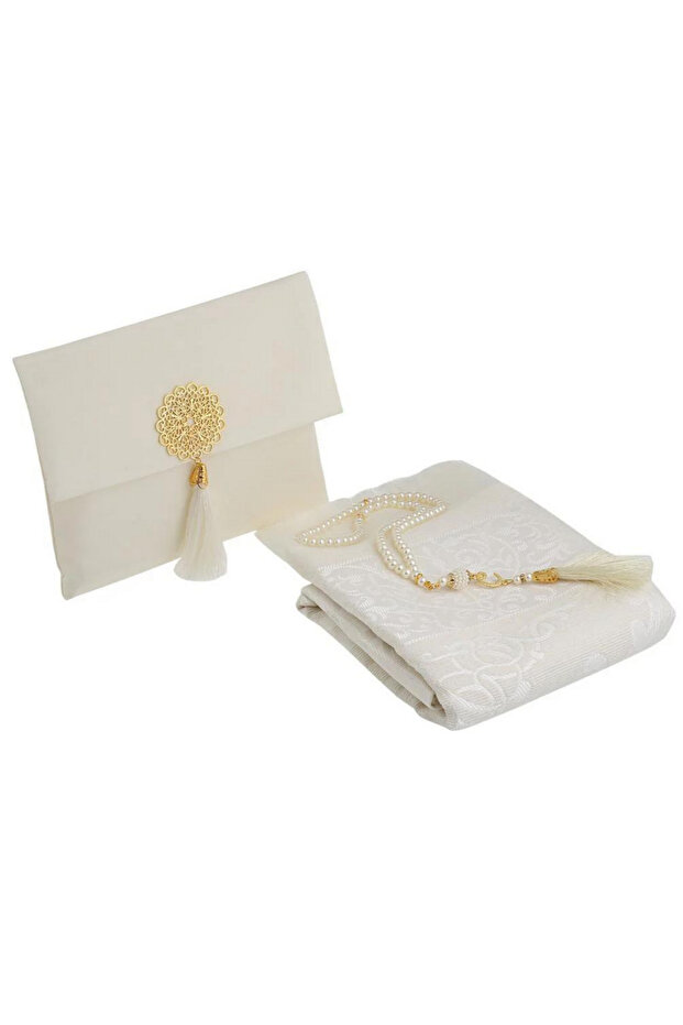 Taffeta Prayer Rug with Slub Pouch and Pearl Vav Prayer Beads Set, Portable Prayer Set