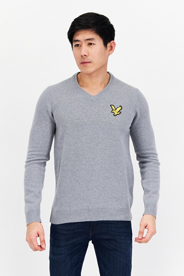 Men V-Neck Embroidered Logo Long Sleeve Sweater, Grey