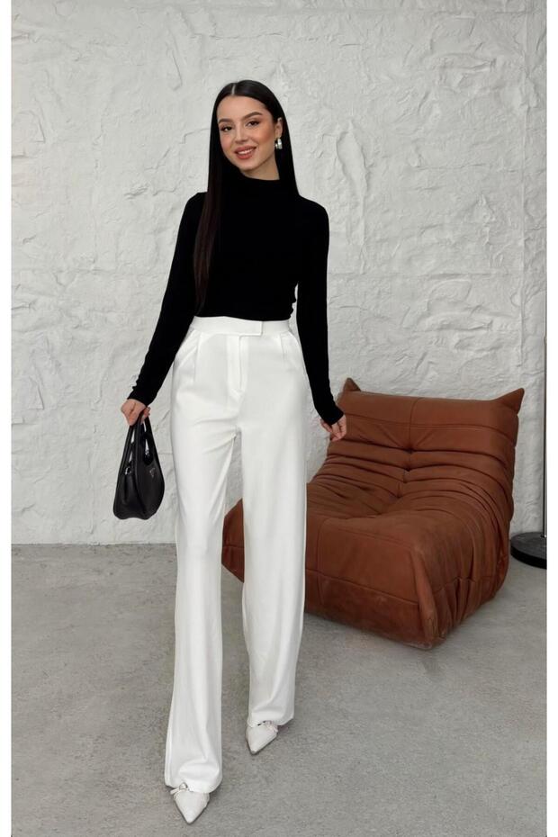 Women's Knitted Fabric White Velcro Palazzo Trousers