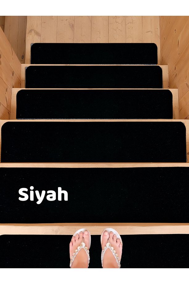 Merdiven Halısı Basamak Halısı Keçe Kaymaz Taban Yapışkanlı Halıfleks Siyah 1li 20x75 Cm - 1