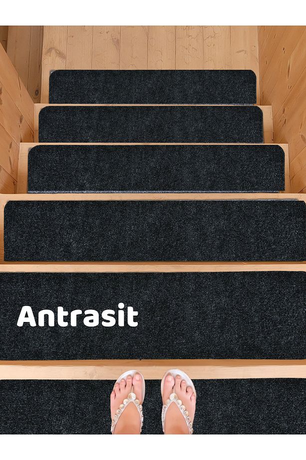 Merdiven Halısı Basamak Halısı Keçe Kaymaz Taban Yapışkanlı Halıfleks Antrasit 1li 20x75 Cm - 1