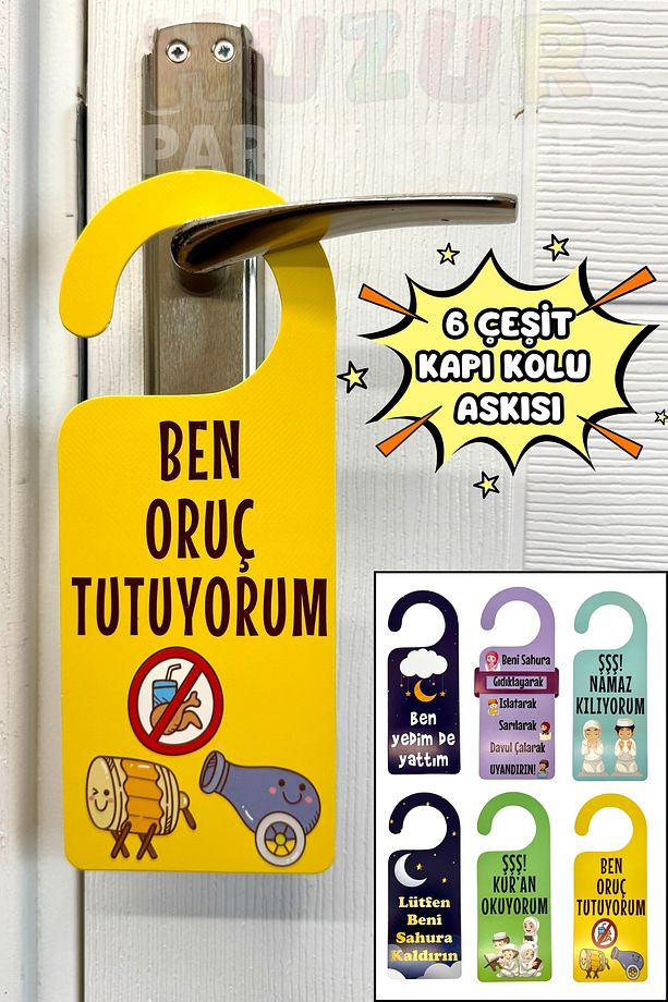 Ramazan Bayramı Kapı Kolu Askısı 6 Adet 23x9 Cm Eğlenceli Sahur İftar Askılığı Seçenek Ayar Çubuklu - 1