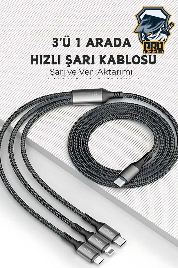 60W Type-C Süper Fast PD Şarj Kablosu 3in1 iPhone Samsung Xiaomi Hızlı Şarj Data USB Kablo Kopmayan - 3