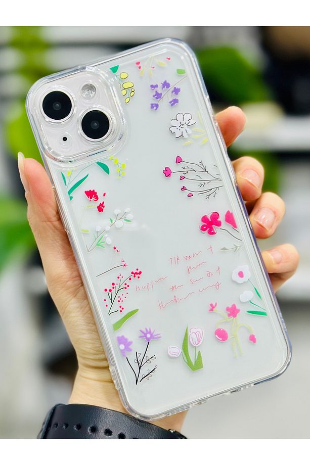 Iphone 14 Plus ve 15 Plus Uyumlu Kenar Çiçekler Şeffaf Baskı Desenli Silikon Kılıf - 1