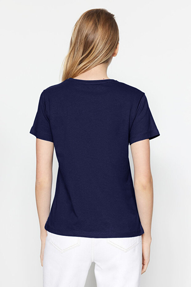 Bordo-Lacivert Basic %100 Pamuk Bisiklet Yaka 2'li Paket Örme T-Shirt TWOSS20TS0141 - 5