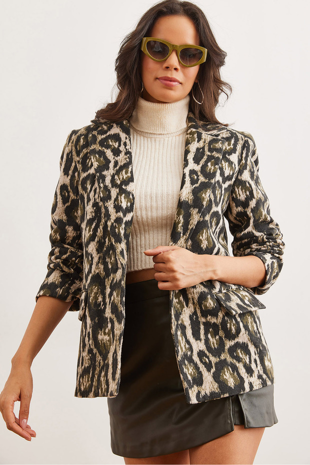 Women's khaki leopard print blazer with flap pockets and lining ckt-19000403