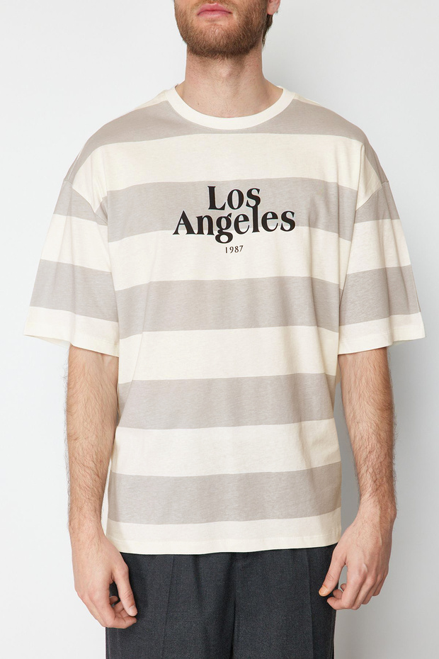 Taş Oversize/Geniş Kesim Çizgili Şehir Baskılı %100 Pamuklu T-Shirt TMNSS24TS00062 - 4