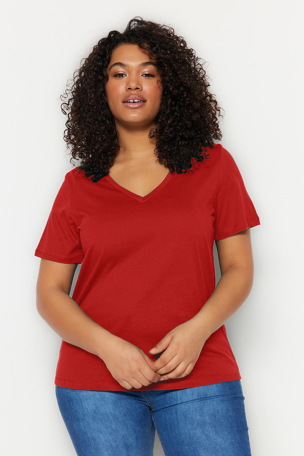 Kırmızı V Yaka Basic %100 Pamuk Örme T-Shirt TBBSS22BF0028 - 1