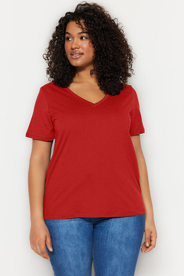 Kırmızı V Yaka Basic %100 Pamuk Örme T-Shirt TBBSS22BF0028 - 3
