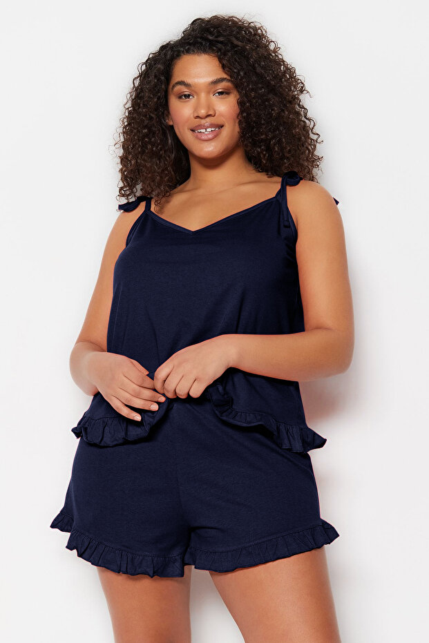 Lacivert Askılı Örme Fırfır Detaylı Şortlu Pijama Takımı TBBSS22PT0564 - 1