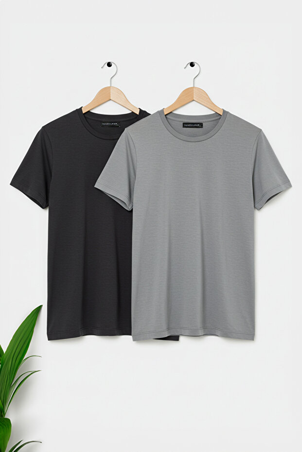 Antrasit-Gri Basic Slim Fit/Dar Kesim %100 Pamuklu 2'li Paket Kısa Kollu T-Shirt TMNSS19BO0075 - 1