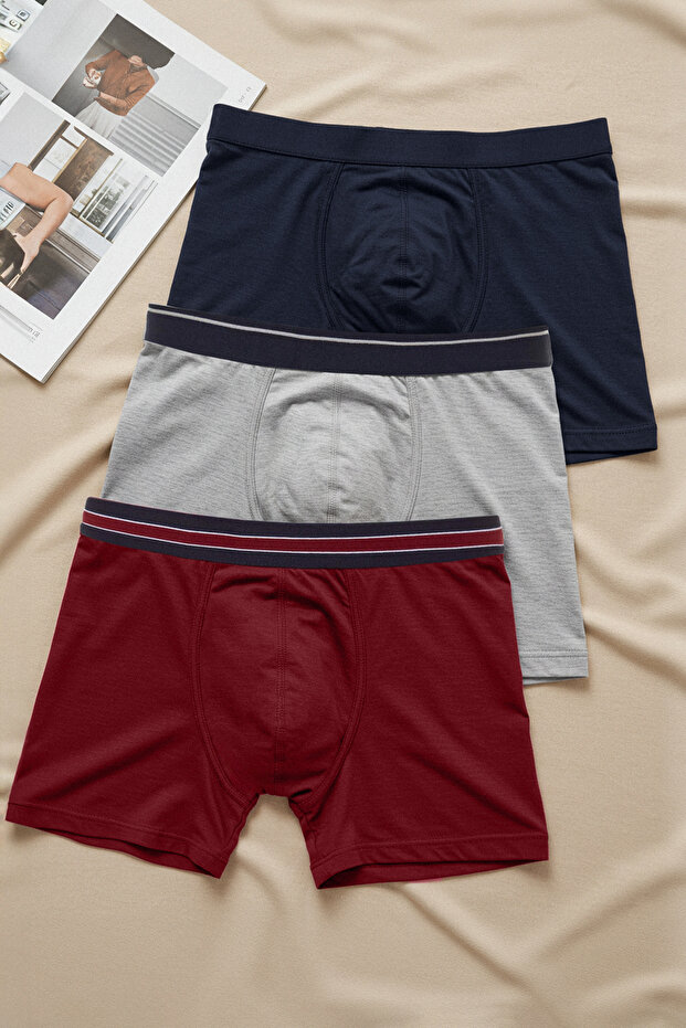 Bordo-Gri-Lacivert Düz Çizgili Lastikli 3'lü Paket Boxer TMNSS23BX00016 - 1