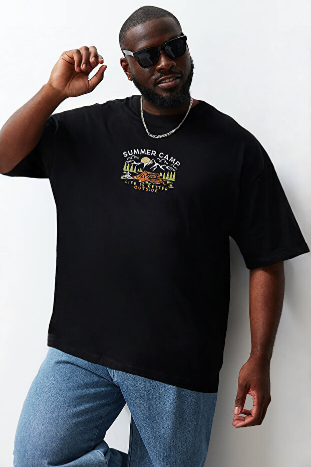 Siyah Bisiklet Yaka Oversize/Geniş Lesim Büyük Beden T-Shirt - 1