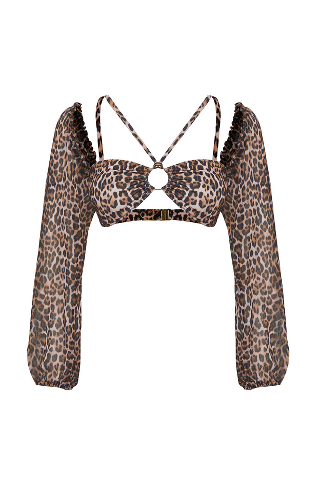 Leopar Desenli Aksesuarlı Straplez Kaplı Bikini Üstü TBESS25BU00015 - 6