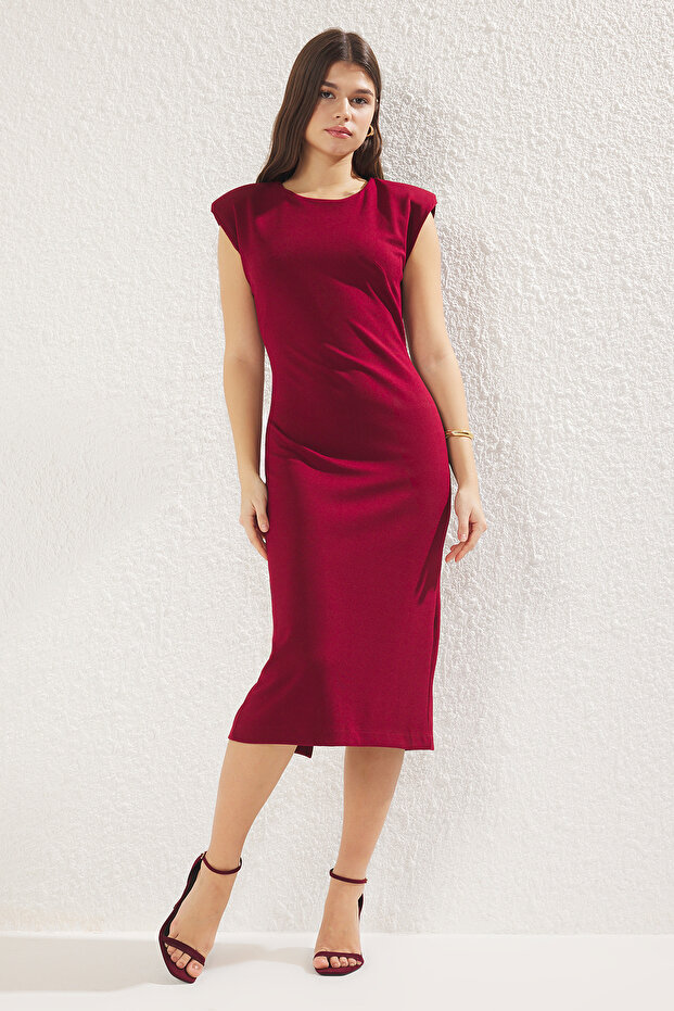 Bordo Fitted/Vücuda Oturan Vatkalı Esnek Midi Örme Elbise TWOSS25EL00113 - 4