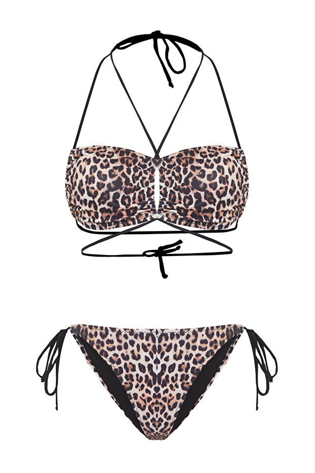 Leopar Desenli Cut Out Detaylı Straplez Kaplı Regular Normal Bel Bikini Takımı TBESS25BT00022 - 6