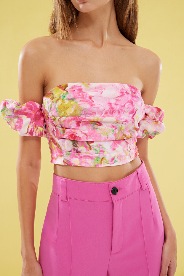 Çok Renkli Çiçek Desenli Crop Dokuma Büstiyer TPRSS24BS00020 - 3