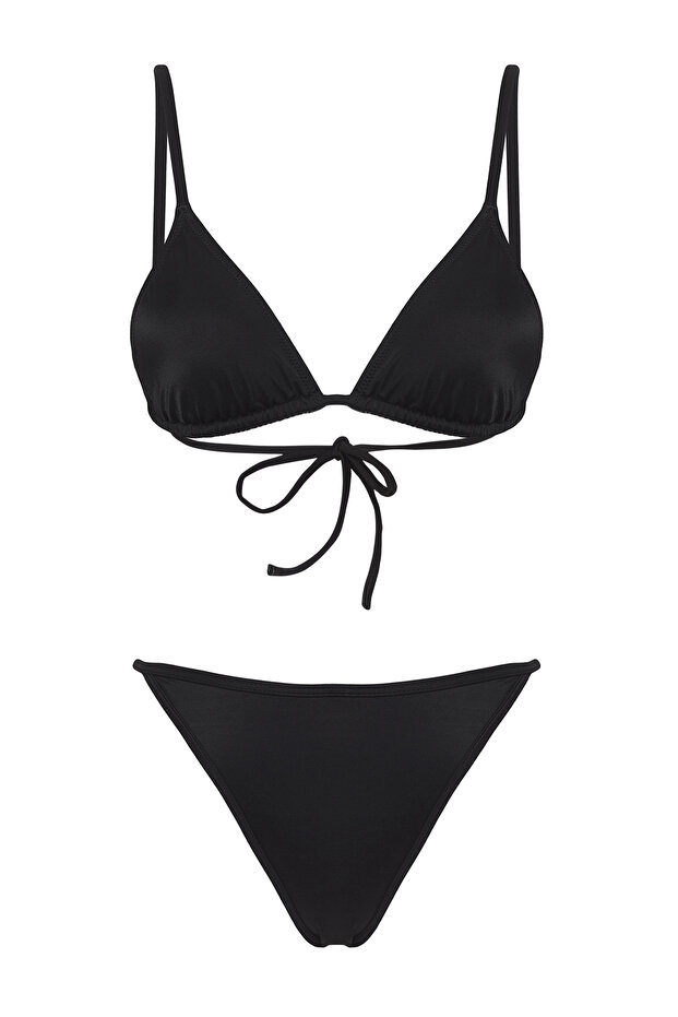 Siyah Üçgen Etekli Kaplı Brazilian Normal Bel 3'lü Set Bikini Takımı TBESS24BT00022 - 6