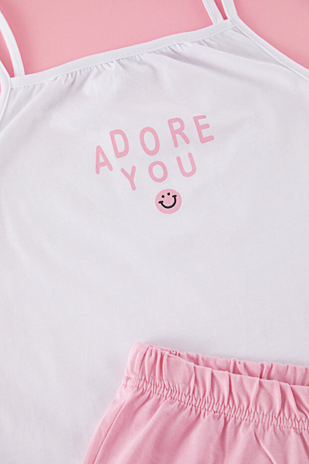Pembe Kız Çocuk %100 Pamuk Slogan Baskılı Askılı Atlet Şort Örme Alt-Üst Takım TKDSS25AU00024 - 2