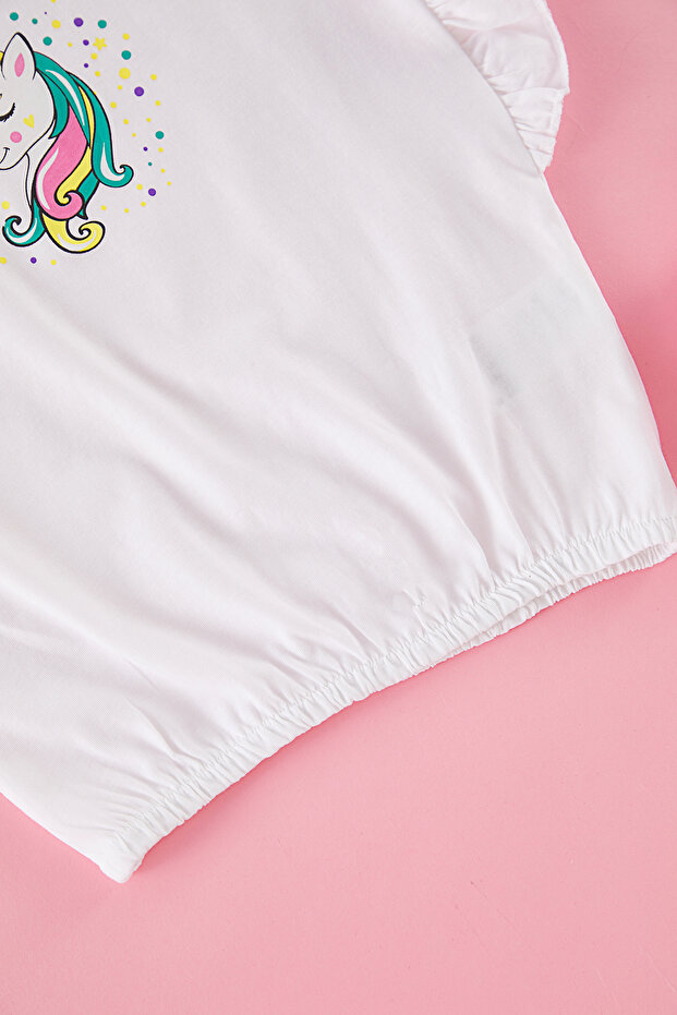 Ekru Kız Çocuk %100 Pamuk Unicorn Baskılı Regular Kalıp Fırfırlı Kolsuz Örme T-Shirt TKDSS25TS00034 - 6