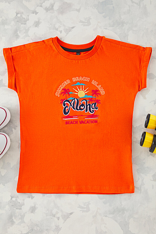 Turuncu Kız Çocuk %100 Pamuk Slogan Baskılı Regular Kalıp Karpuz Kol Örme T-Shirt TKDSS25TS00050 - 2