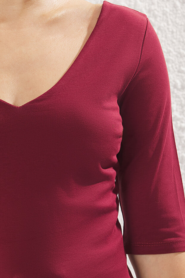 Bordo Fitted/Vücuda Oturan V Yaka Sırt Dekolteli Esnek Örme Bluz TWOSS25BZ00083 - 3