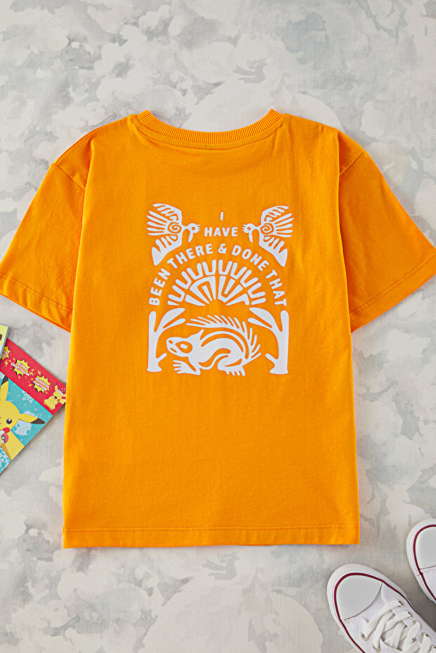 Turuncu Erkek Çocuk %100 Pamuk Sırt Baskılı Regular Kalıp Kısa Kol Örme T-Shirt TKDSS25TS00071 - 1