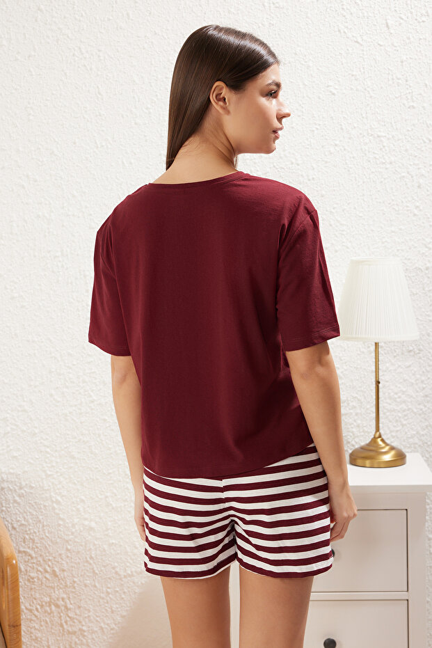 Bordo %100 Pamuklu Ayıcıklı Şortlu Örme Pijama Takımı THMSS24PT00039 - 5