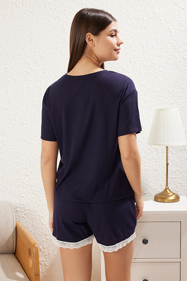 Lacivert Dantel Detaylı Fitilli Şortlu Örme Pijama Takımı THMSS25PT00213 - 5