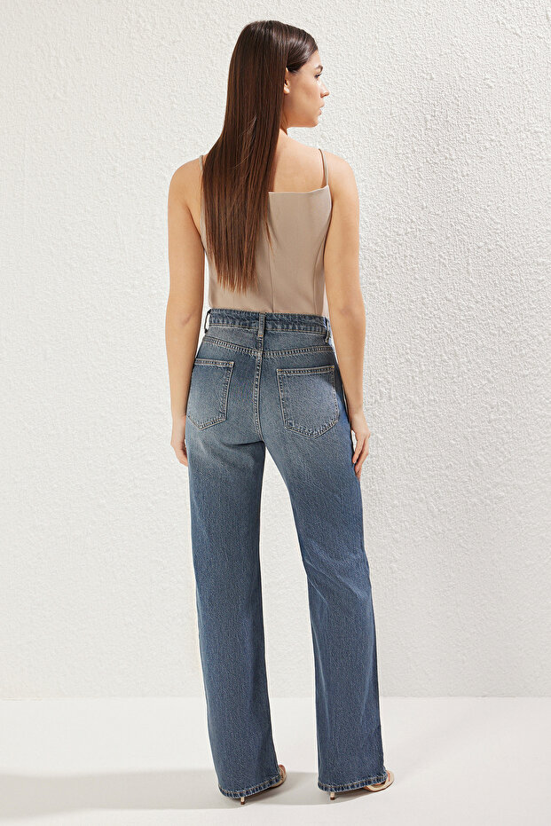 Indigo Yüksek Bel Wide Leg Geniş Paça %100 Pamuk Non-Stretch Jeans TWOAW24JE00089 - 5